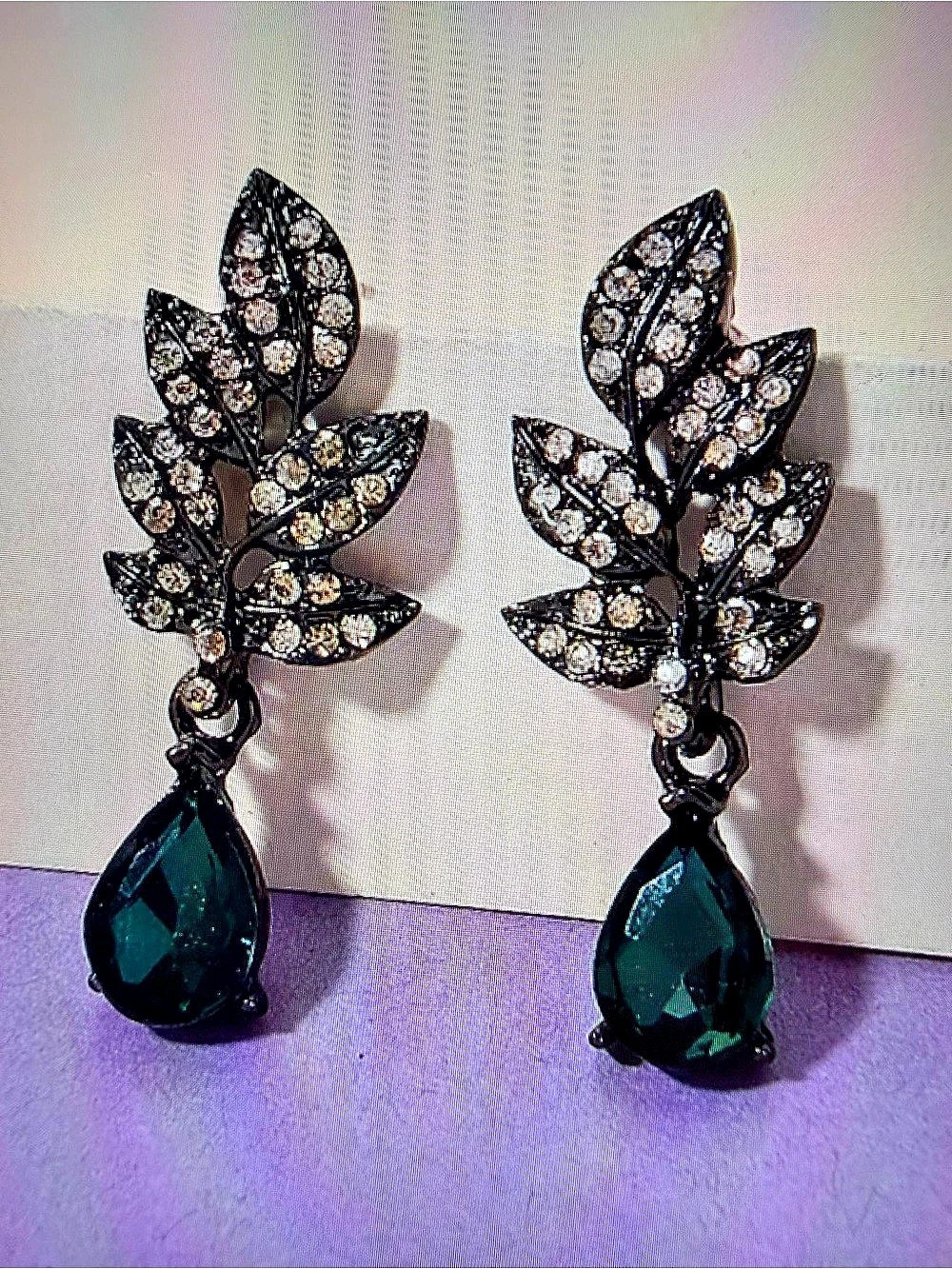 Austrian Champagne Crystal Leaf Drop Earrings in Dark Silvertone.